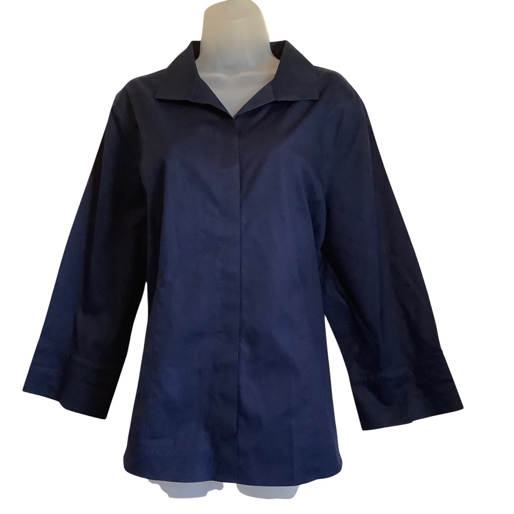 Chicos No-Iron Navy Blue Cotton Hidden Button Down Shirt Blouse Size 3 XL